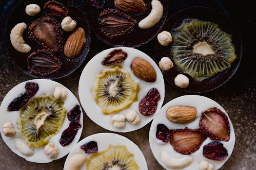 Vibrant chocolate discs topped with fresh fruit and nuts create a mouthwatering display.