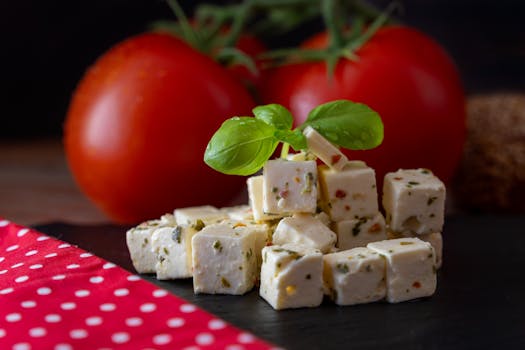 Cubes of feta cheese with herbs, fresh tomatoes, and basil leaves for a vibrant Mediterranean dish.