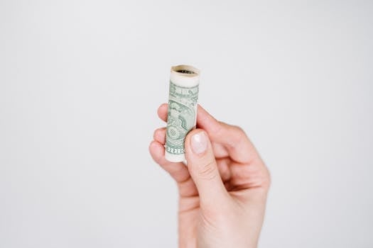 A hand holding a rolled US dollar bill against a plain background, symbolizing finance and savings.