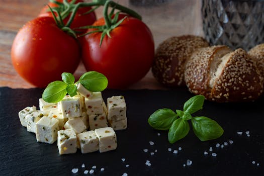 Cubed feta cheese, tomatoes, basil, and bread on a slate surface for a Mediterranean culinary theme.