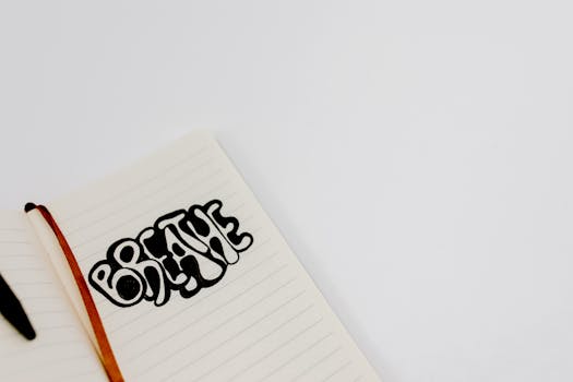 Close-up of an open notebook with 'Breathe' sketch, featuring ample copy space for personal or professional use.