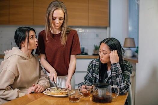 Three women having a thoughtful conversation over dessert in a kitchen.