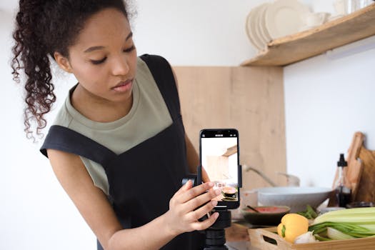 A young woman filming a cooking tutorial in her kitchen using a smartphone.