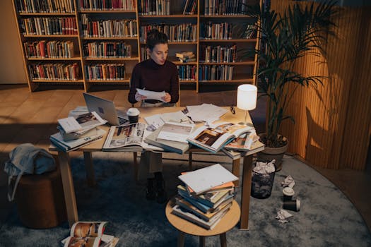 An adult working late at a cluttered table in a library, surrounded by books and paperwork.
