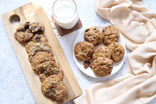 Fresh homemade cookies with a glass of milk on a rustic wooden board, perfect for breakfast.