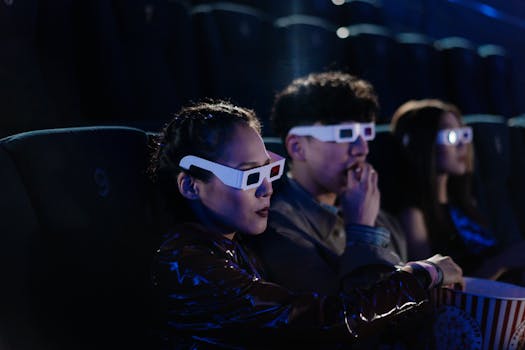 Friends enjoying a 3D movie night at the cinema, wearing glasses and eating popcorn.