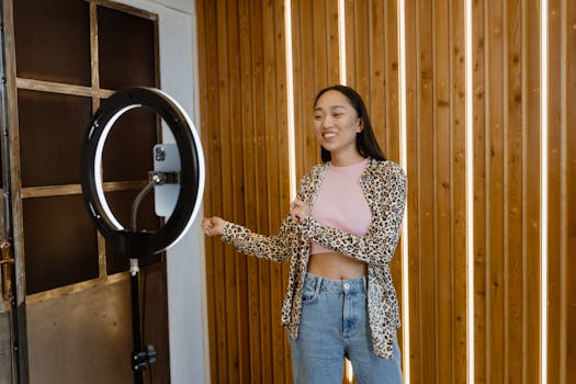 A young woman enjoys dancing indoors with a ring light and smartphone setup, capturing a fun moment.