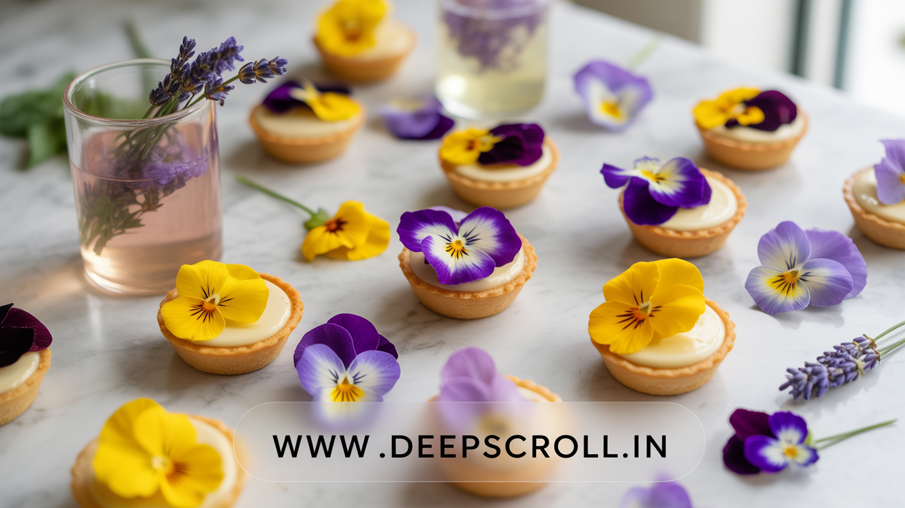 Assorted Edible Flowers on Dessert and Drinks
