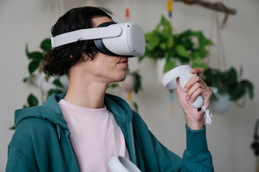 A young man enjoying virtual reality gaming at home with a VR headset and controllers.