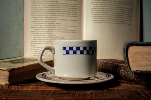 A vintage coffee cup sits on a wooden table surrounded by open and closed books, creating a cozy reading ambiance.