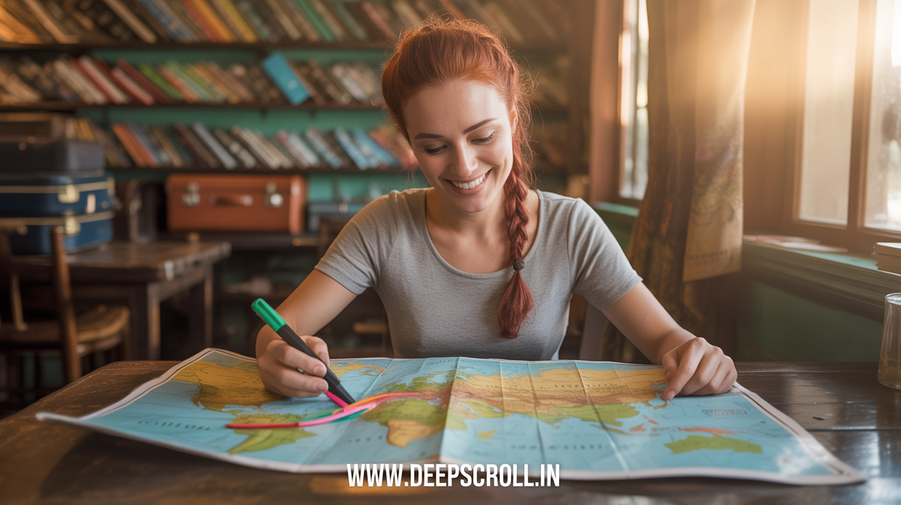 Young traveler researching flight deals on a smartphone with a world map and passport on the table