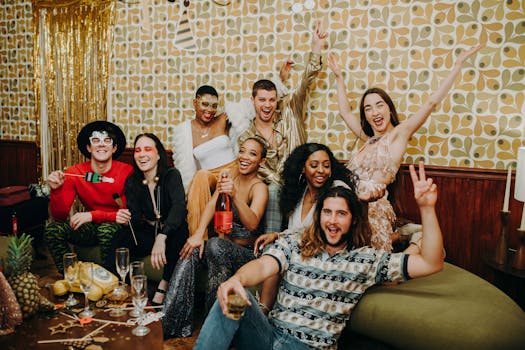 A joyful group of friends celebrating indoors with festive drinks and party attire.