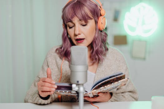 Woman wears <a href='https://amzn.to/4mHg7zI' target='_blank'></img>headphones</a> and records audio while reading from a book in a cozy setting.