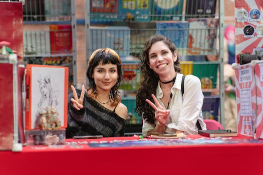 Two women at an anime convention in San José, Costa Rica, posing with peace signs, surrounded by art and comics.