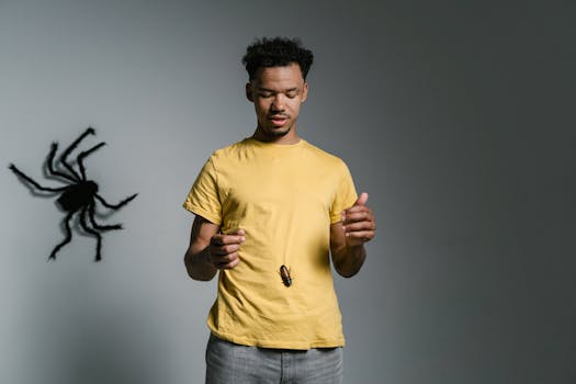 Man confronts phobia with cockroach on shirt; tackling fear and anxiety