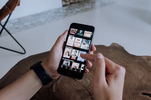 A person using a smartphone to explore and select shows on a streaming platform indoors.
