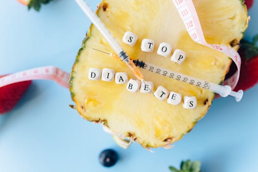 Flat lay of pineapple, syringe, and message promoting anti-diabetes awareness.