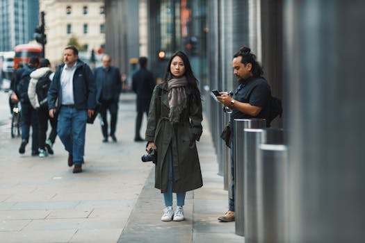 Dynamic urban street scene captured with people walking and interacting.