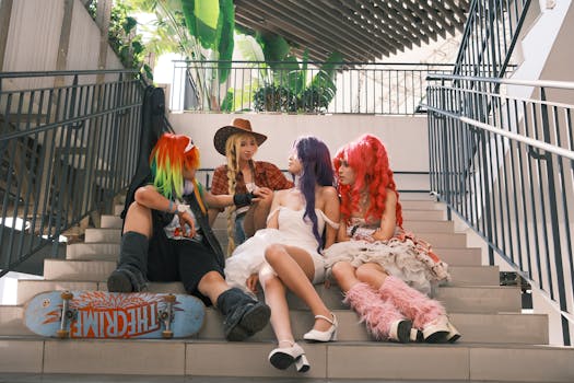 Group of cosplayers in vibrant costumes sitting on stairs in an urban setting, showcasing colorful creativity.