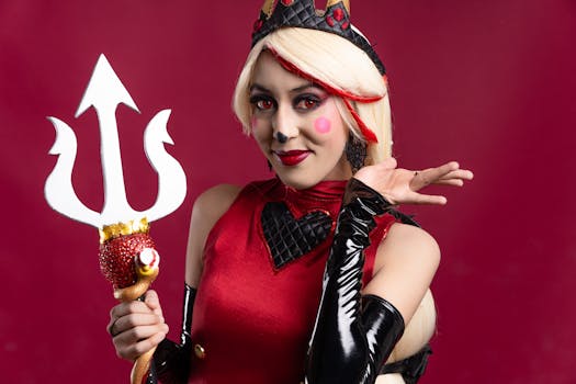 Vibrant cosplay portrait with a trident, featuring artistic makeup and a striking costume.