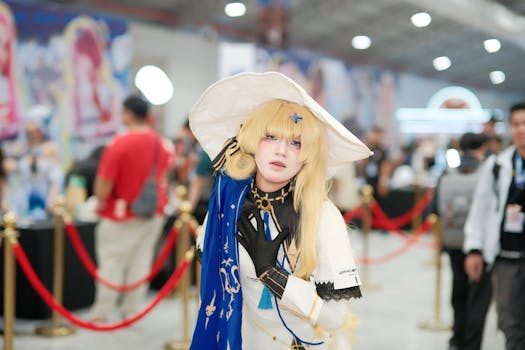 Cosplayer in detailed costume at a bustling comic convention.