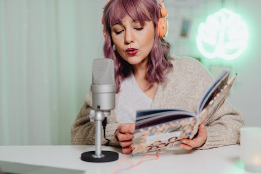 A woman podcasting while reading a book, wearing orange <a href='https://amzn.to/4mHg7zI' target='_blank'></img>headphones</a>.