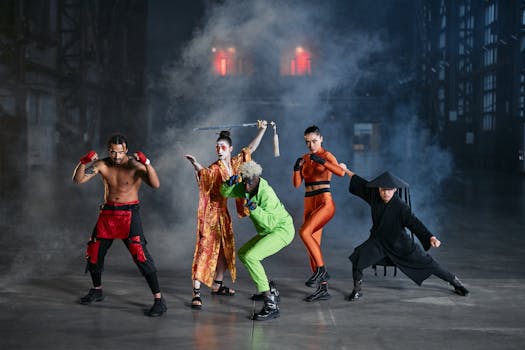 A diverse group of cosplayers posing as game characters indoors, surrounded by smoke.