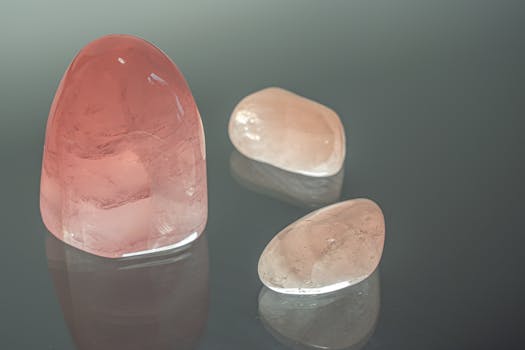 Close-up of polished rose quartz crystals on a glass surface, showcasing their natural beauty.
