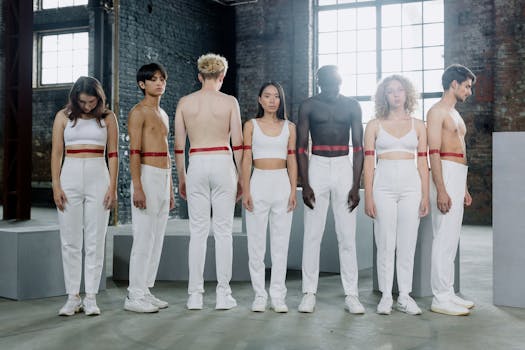A multicultural group of adults in white outfits with red bands standing indoors showcasing diversity and equality.