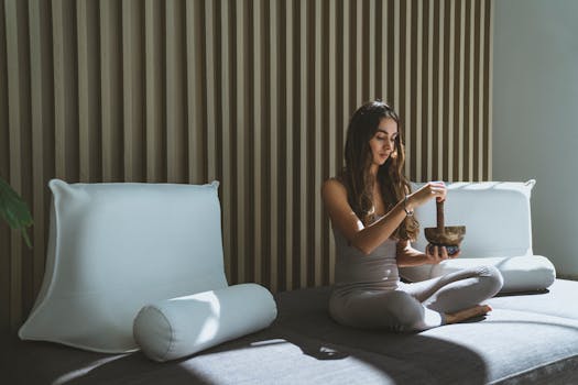Woman meditating with a singing bowl in a peaceful indoor setting, enhancing spiritual wellness.