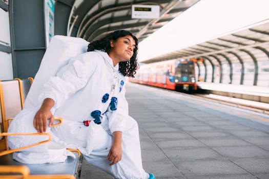 A woman in a space suit sits on a bench at a modern train station, waiting for a train to arrive.