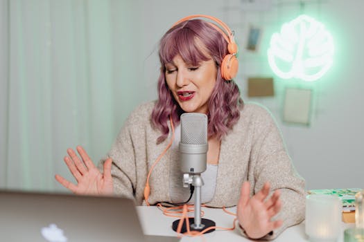 Woman podcasting indoors with <a href='https://amzn.to/4mHg7zI' target='_blank'></img>headphones</a> and microphone, engaging in recording or live stream.