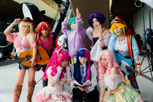 Vibrant group of cosplayers in anime costumes with musical instruments, showcasing diversity.