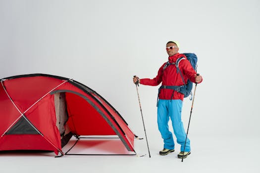 A man dressed for winter camping stands by a red tent with <a href='https://amzn.to/484WSwB' target='_blank'></img>trekking poles</a>.