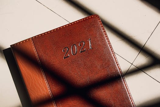 Close-up of a brown leather 2021 planner with striking light and shadow play.