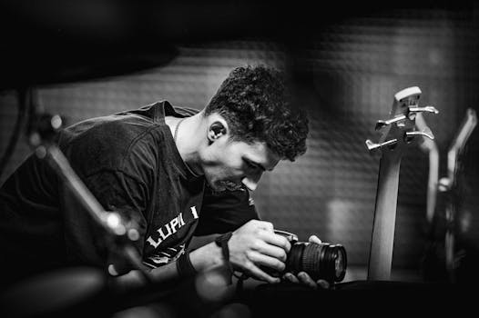 Black and white photo of a young man adjusting a camera in a music studio setting.